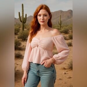 WAYF Pink & White Ruched Off-Shoulder Puff Sleeve Blouse – Size L (NWOT)